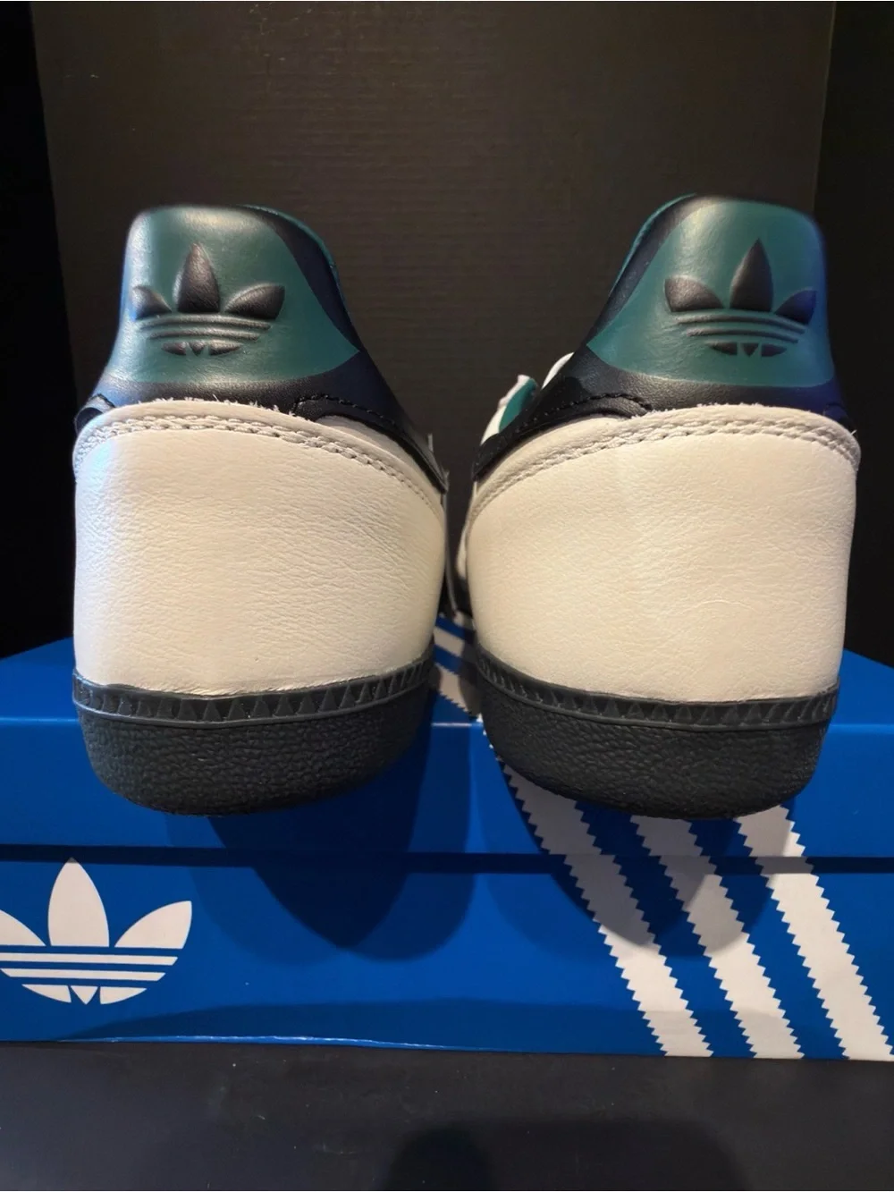 Adidas Samba Classic Sneakers in White with Teal Stripes 10M